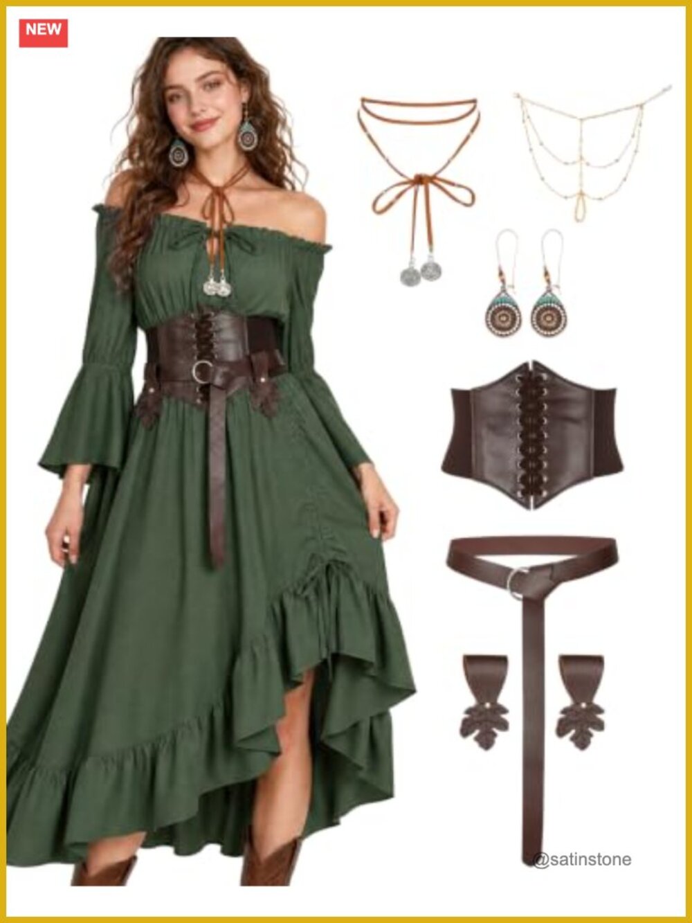 Renaissance Costume Women High-Low Dress Corset Belt Jewelry Set Medieval